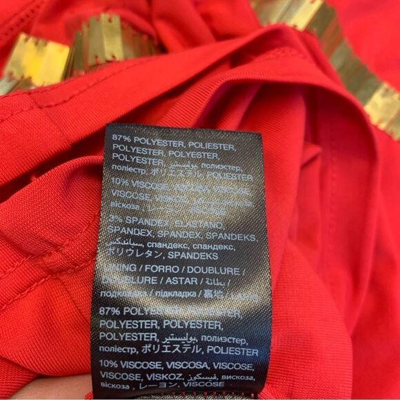 Bebe coral red gold sequin open sleeve V-neck mini dress Sz S - Picture 12 of 16